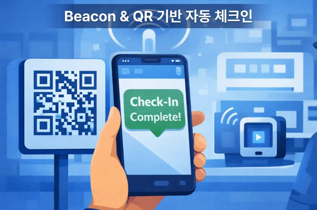 스마트폰이 Beacon 신호 또는 QR 코드를 감지해 회의실이나 좌석에 자동 체크인되는 과정을 보여주는 이미지.