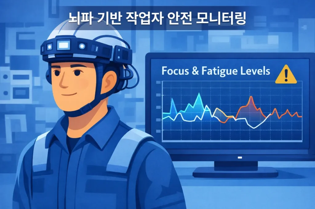 뇌파 센서를 탑재한 헬멧으로 작업자의 집중도와 피로도를 실시간 모니터링하는 장면.