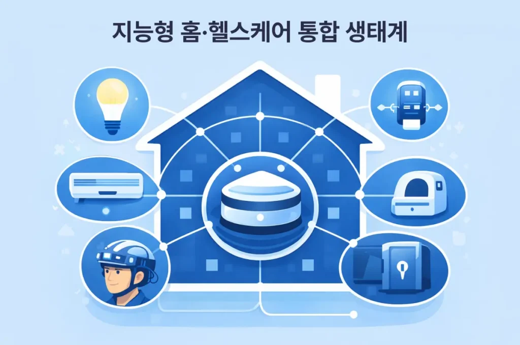 스마트홈 기기와 헬스케어 기기가 하나의 네트워크로 연결된 통합 홈 헬스케어 생태계를 나타낸 이미지.