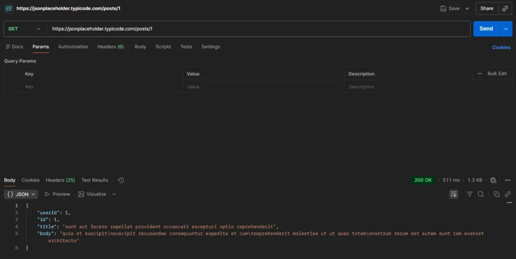 Postman GET 단건 조회 - Status 200과 JSON 4개 필드