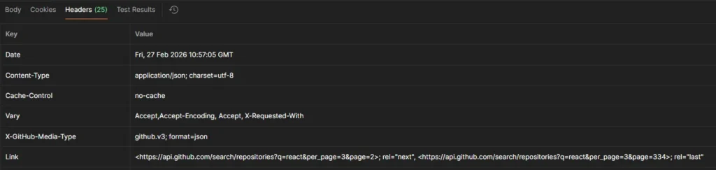 Postman GitHub API Response Headers - Link 헤더 next, last 값