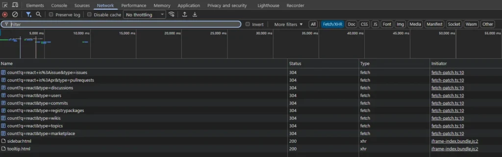DevTools Network 탭 - GitHub 내부 API 요청 목록과 304 Status